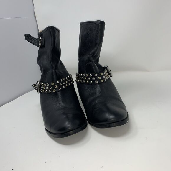 Carmim Women's Biker Moto Boots Black Leather Studded Buckle Strap Ankle Boots - Picture 3 of 14